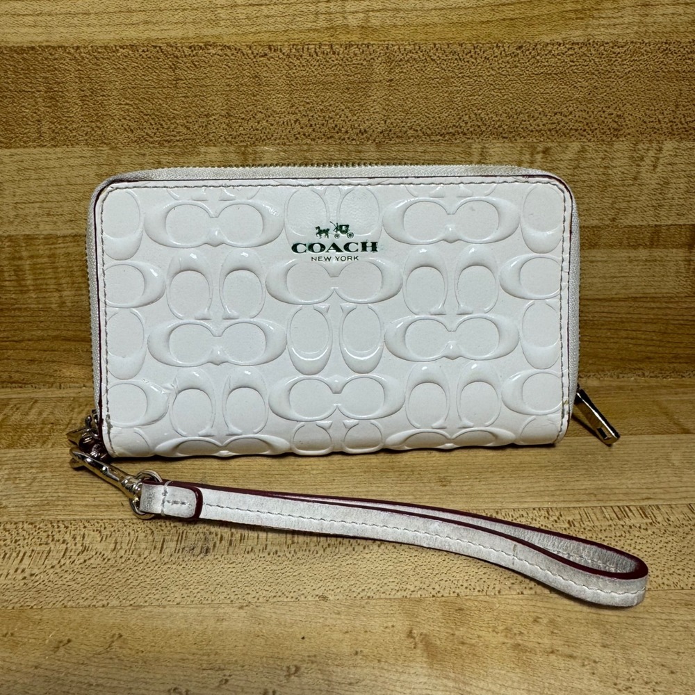 Coach White Signature Embossed Patent Leather Double Zip Wristlet Wallet